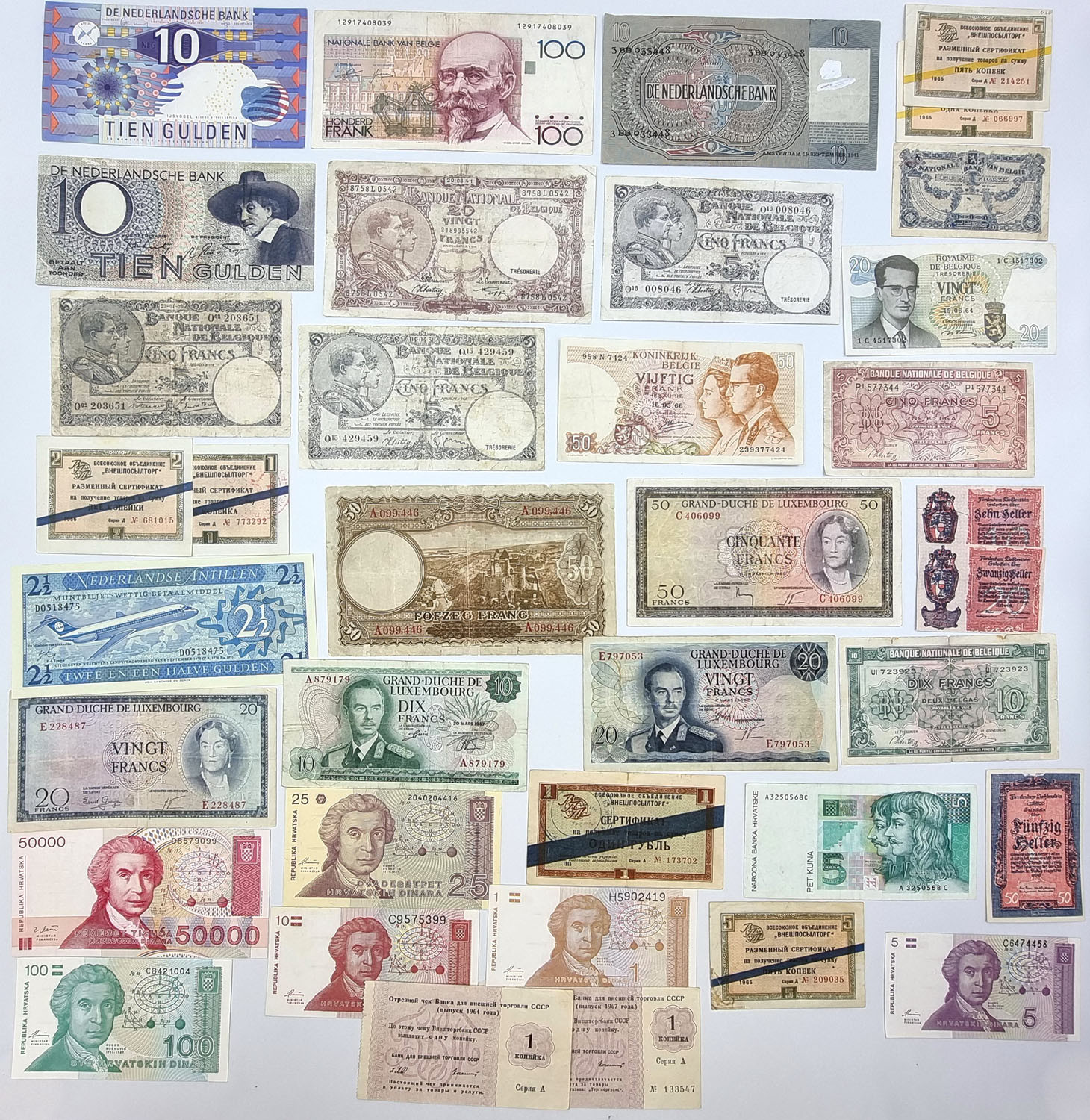 Francja, Belgia, Holandia, Chorwacja, banknoty, 56 sztuk